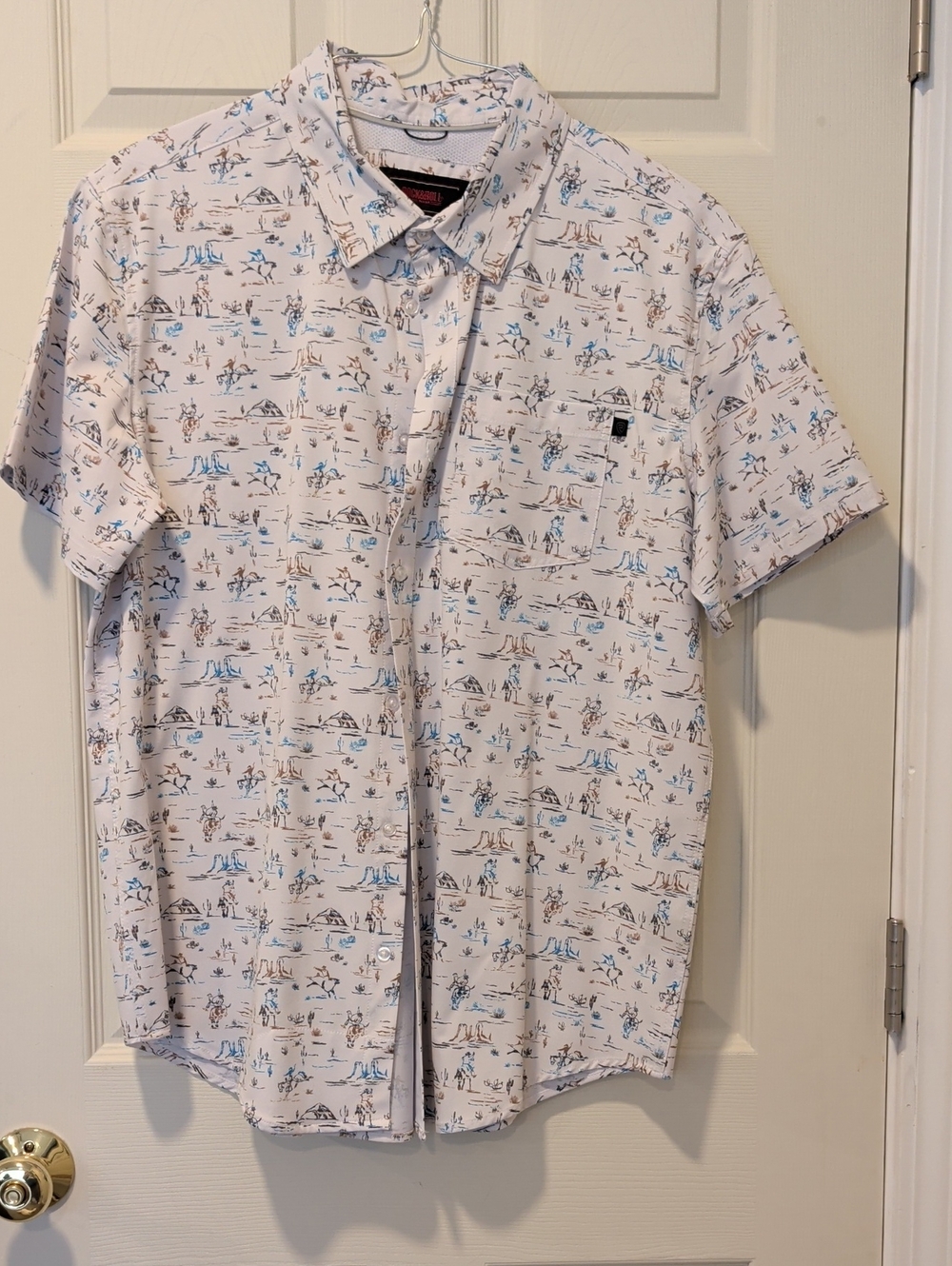 Casual Short-Sleeve Button-Down Shirt - White with Blue & Brown Print